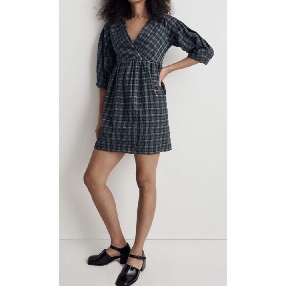 Madewell Marianna Puff Sleeve Mini Dress Plaid Forest Green Size M School Girl